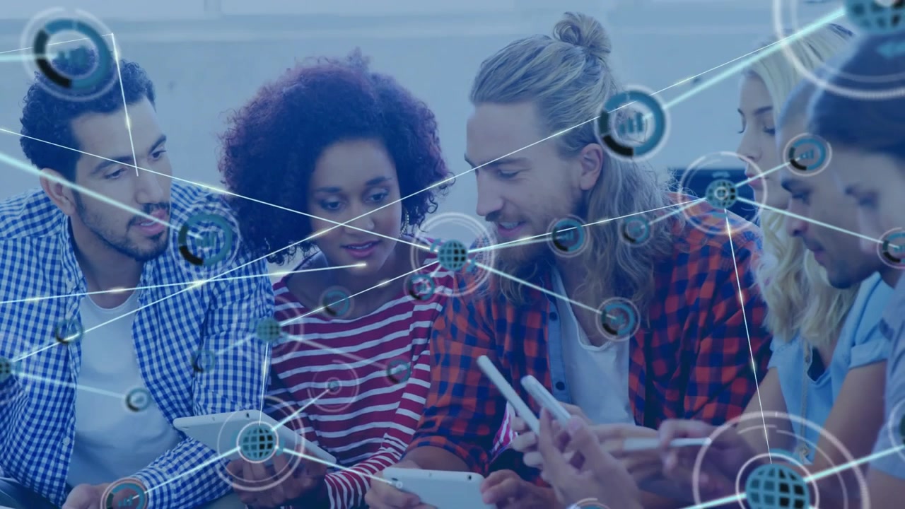 Team tapping tablet for review, tech network expanding from single node into web linking devices