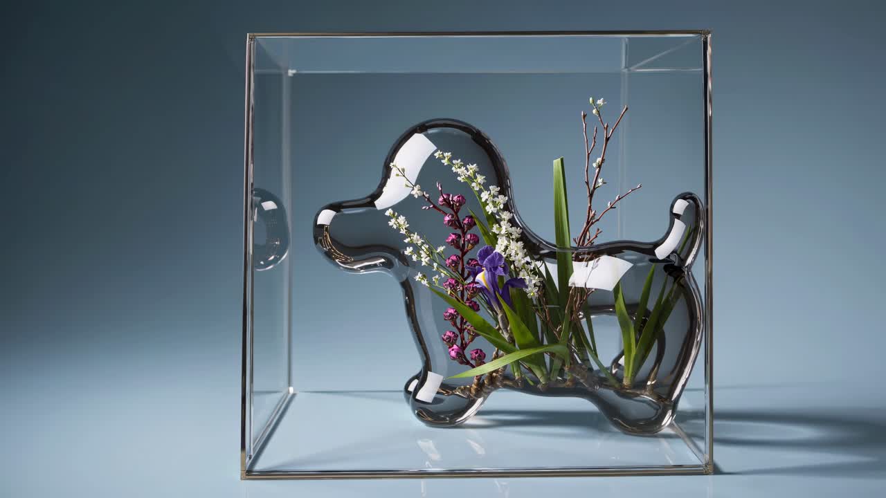 Dog Shaped Glass Display with Spring Flowers
