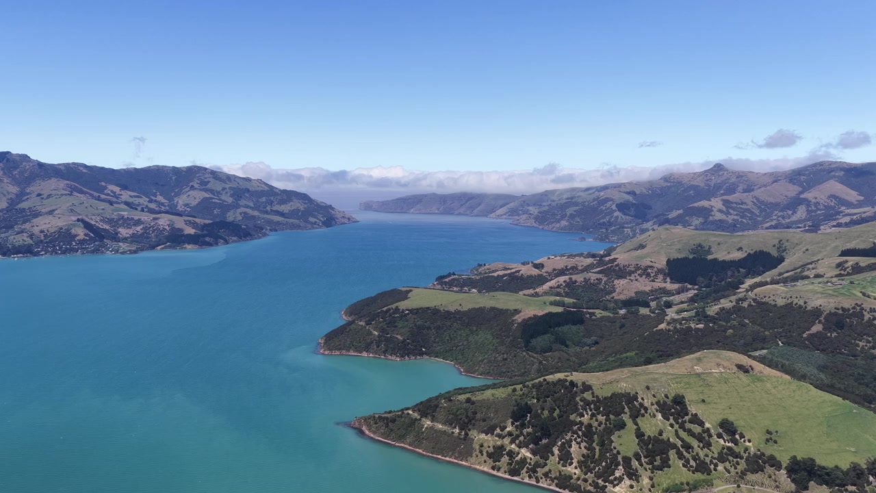 Panorama aereo di una costa frastagliata e baie turchesi sull'Isola del Sud della Nuova Zelanda, che mostra colline ondulate, acque cristalline e uno spettacolare paesaggio costiero.