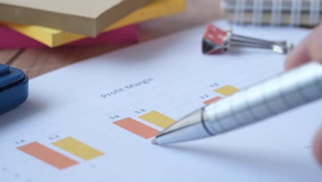 man hand with pen analyzing bar chart on paper