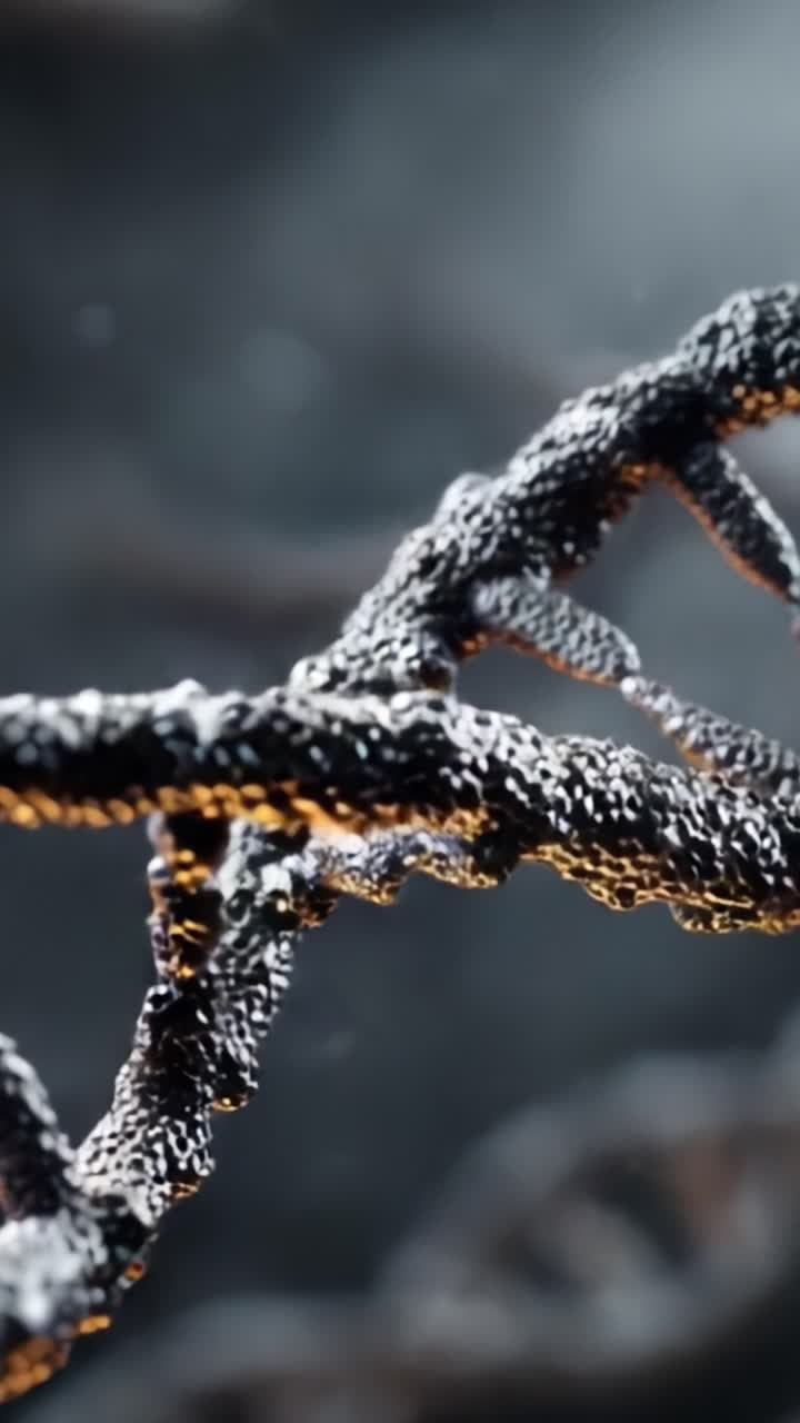An Intricate Close-up of a DNA Structure Highlighting Its Unique Properties and Complex Design with Textured Patterns and Glimmering Details Against a Dim Background
