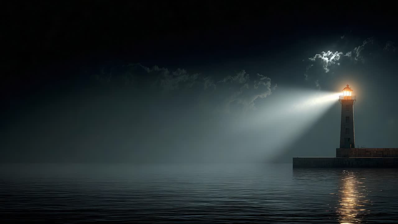 A Glowing Lighthouse Illuminating the Misty Waters Under a Cloudy Night Sky: A Symbol of Safety and Guidance in Dark Times