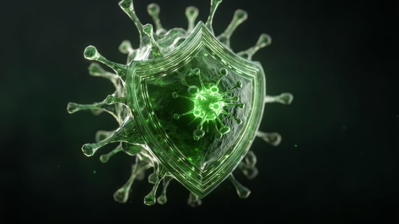 A Stunning Visualization of a Microscopic Virus Encased in a Protective Shield, Symbolizing Defense and Resilience in the Face of Biological Threats
