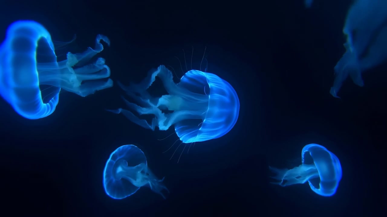 Meduse che fluttuano e scivolano con grazia in un tranquillo ambiente sottomarino con uno sfondo blu scuro, creando un'atmosfera pacifica e serena, vista laterale, primo piano, natura, acquario, vita marina