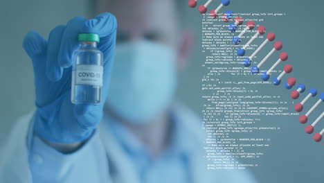 dna structure spinning against male doctor wearing face mask holding covid 19 vaccine