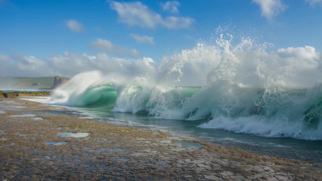 Building ocean swell rolling toward shore rock shelf, spilling foam across tide pools with cliffs