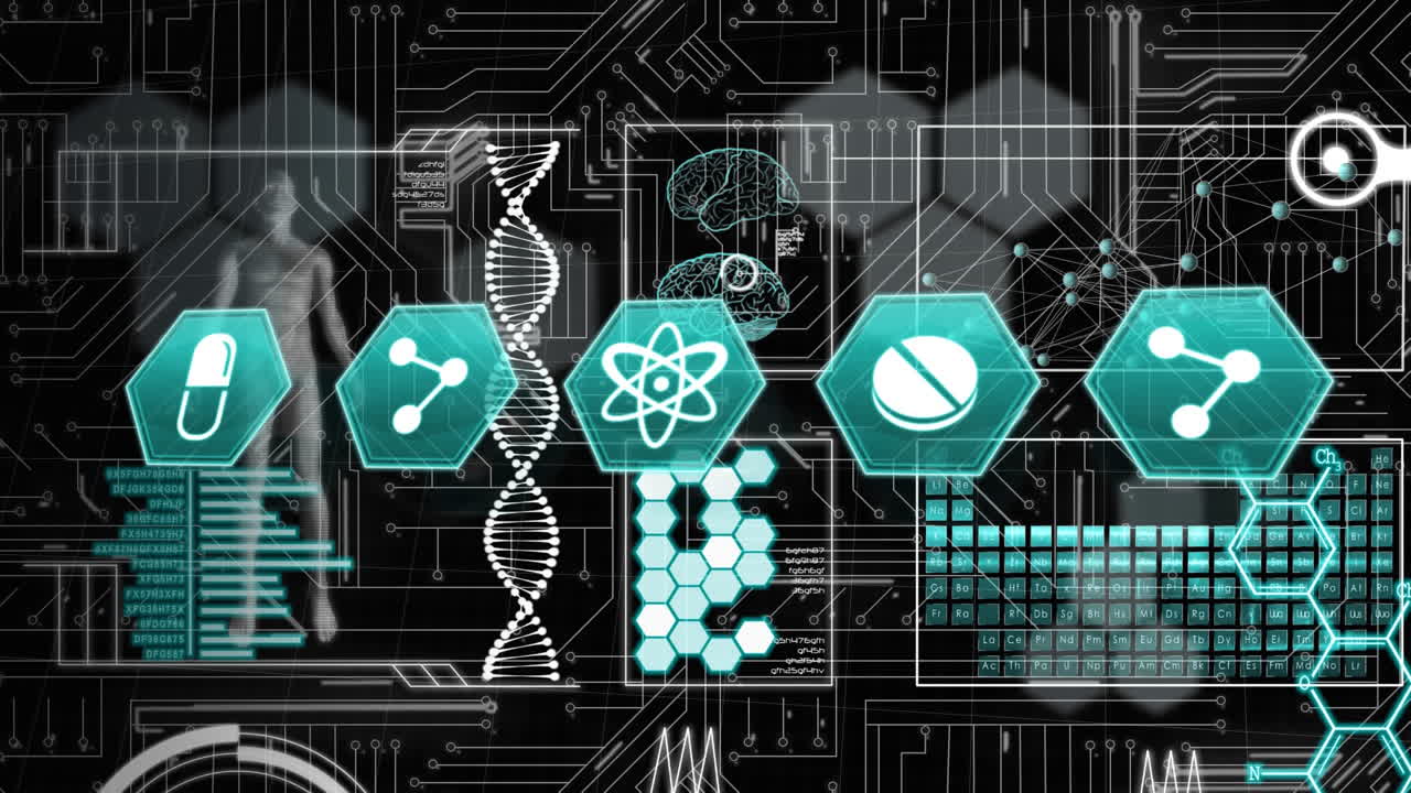 검은 바탕에 의료 데이터 처리와 디지털 인터페이스 위에 떠있는 의료 아이콘