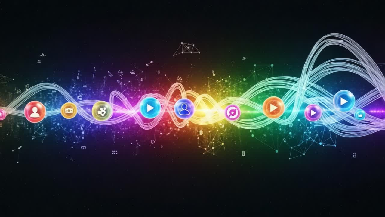 Colorful Digital Waves Representing Communication and Media in a Visual Landscape of Icons and Abstract Connections in a Vibrant Spectrum