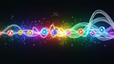 colorful digital waves representing communication and media in a visual landscape of icons and abstract connections in a vibrant spectrum