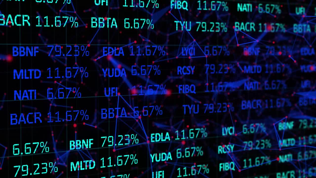 Animation of stock market data processing over plexus networks against black background