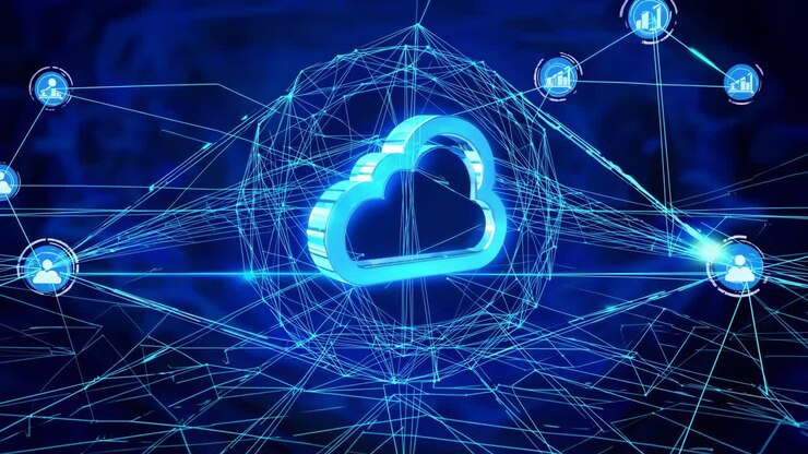 Futuristic video concept of cloud computing with a digital network web