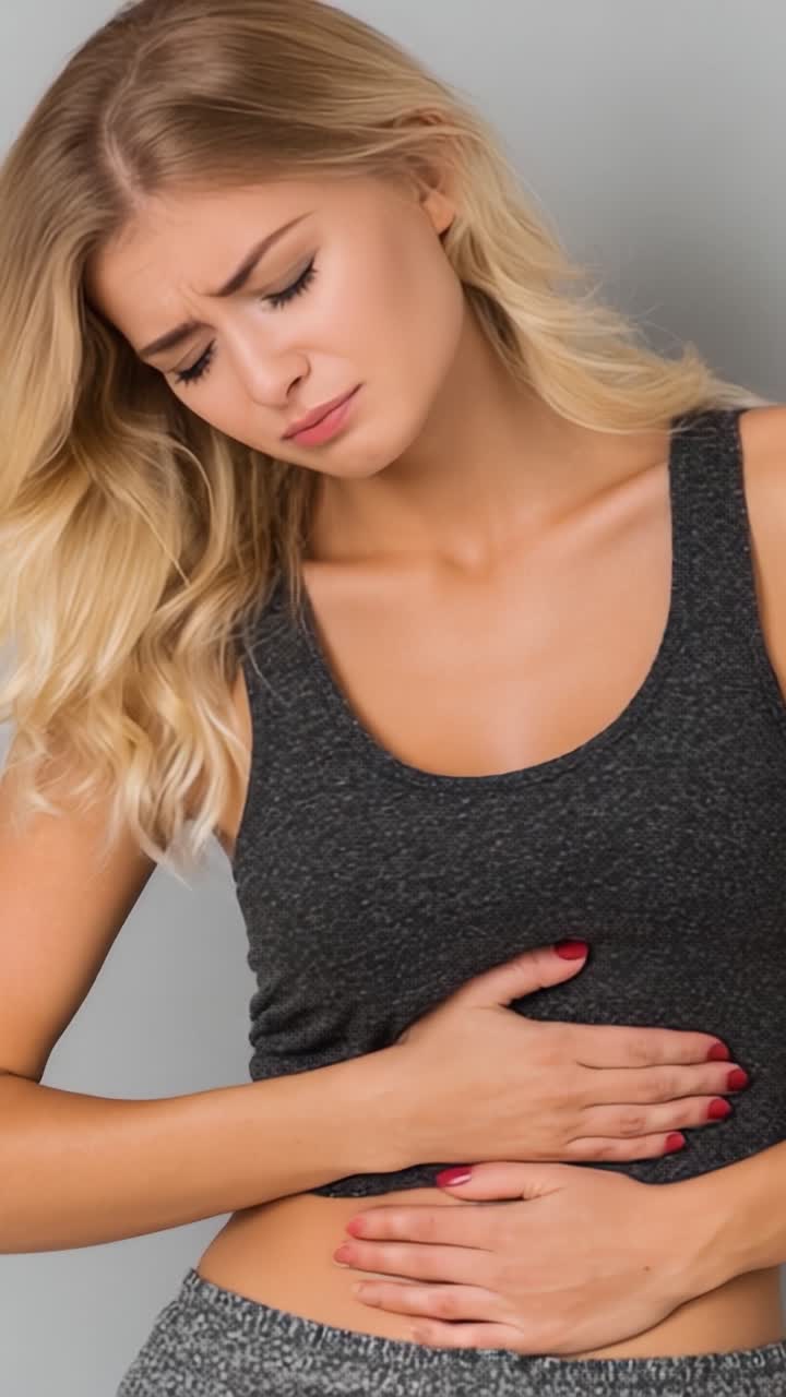 Una giovane donna mostra segni di disagio e dolore mentre si tiene lo stomaco, esprimendo il suo malessere fisico in modo eloquente attraverso sottili espressioni facciali