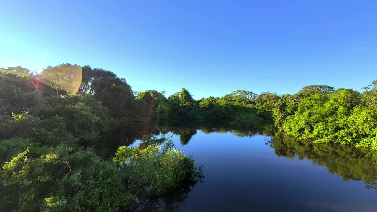 Aerial view of Yacuma River at sunrise in Pampas del Yacuma, Bolivian Amazon