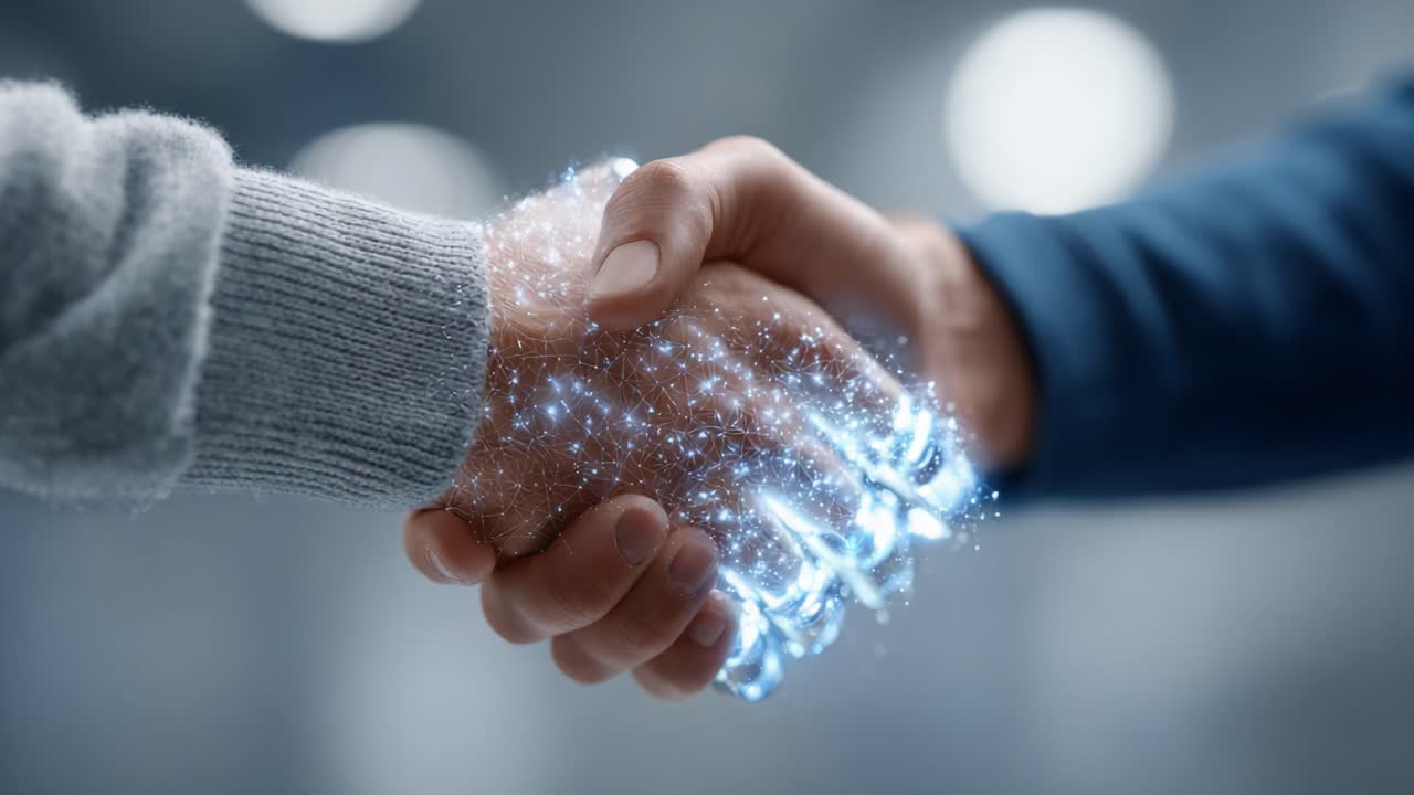 A Symbolic Handshake Representing Partnership and Unity Enhanced by Futuristic Sparkles and a Luminescent Orb, Illustrating Collaboration and Trust in Modern Connections