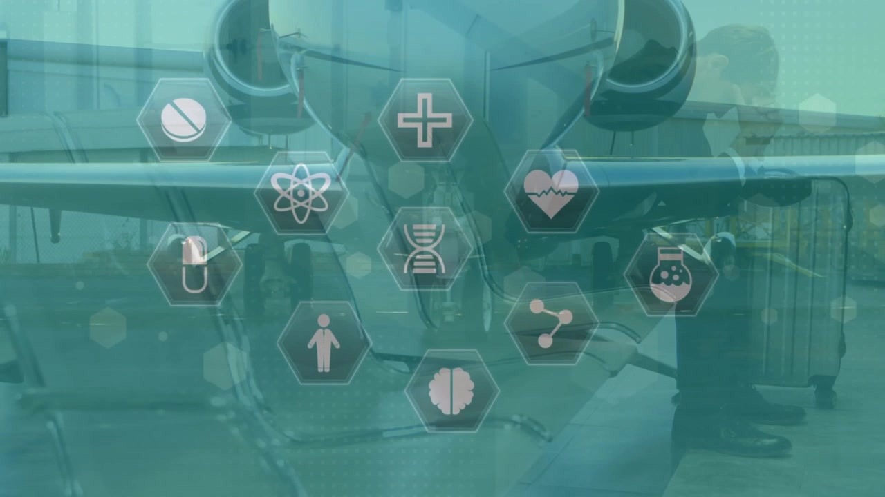 Animation eines Symbols in Hexagonen, müder kaukasischer Mann sitzt am Flughafen, Blick aus der Froschperspektive auf ein Flugzeug.