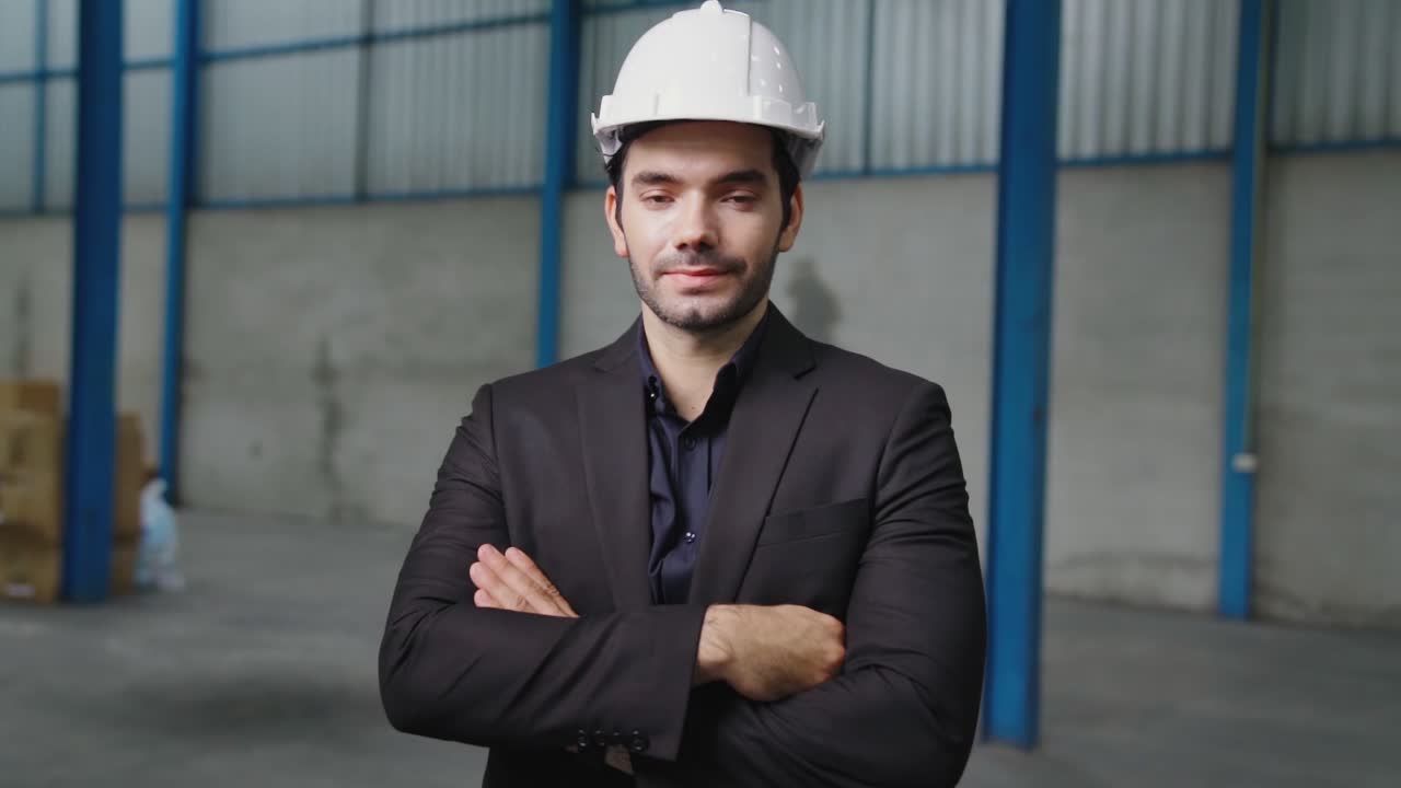 retrato de un gerente de fábrica confiado con traje y casco de seguridad