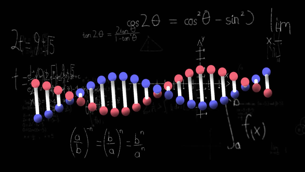 animación de fórmulas matemáticas y formas que se mueven sobre el adn sobre un fondo negro