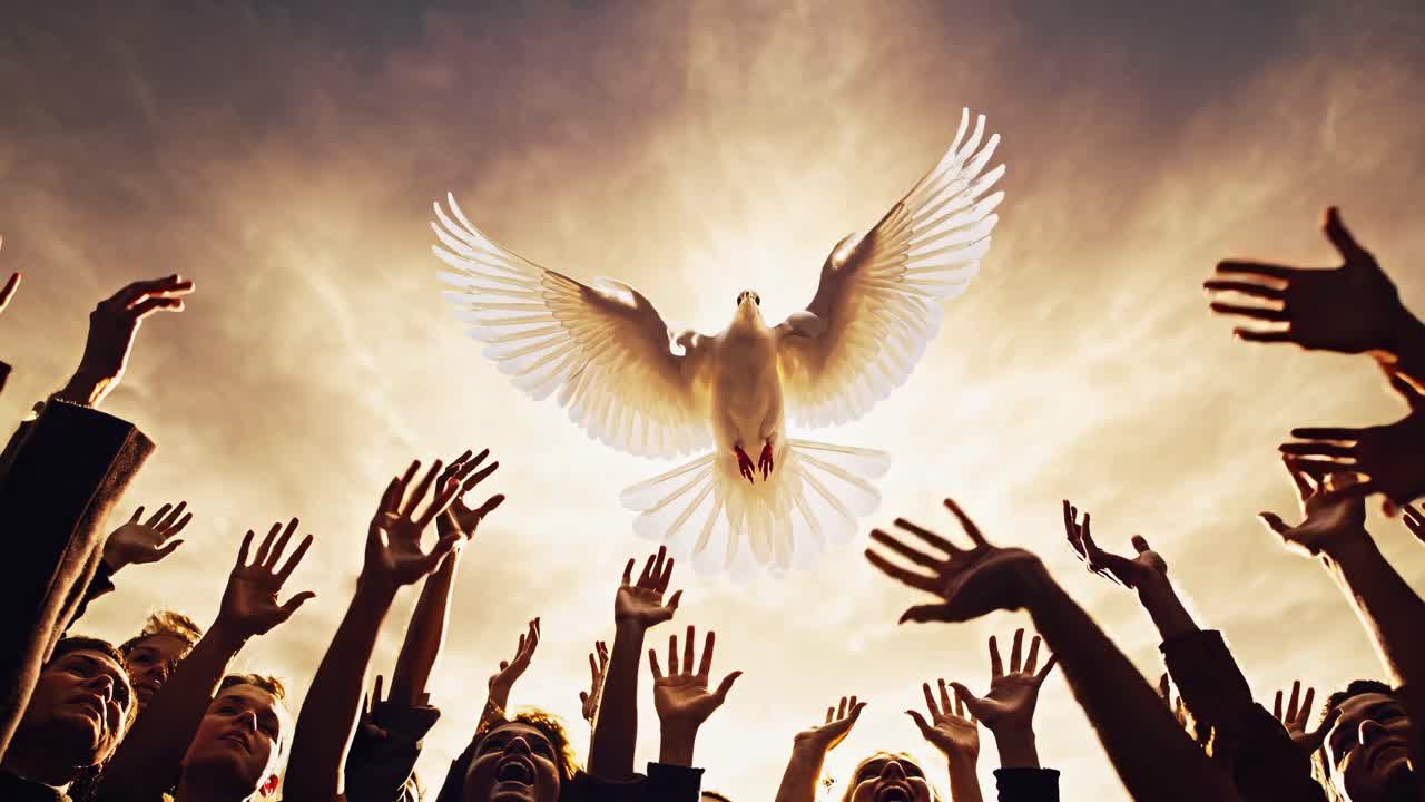 A dramatic low-angle shot captures a dove soaring above reaching hands, symbolizing peace and hope