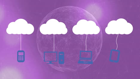 Animation of clouds with technology devices over globe on violet background