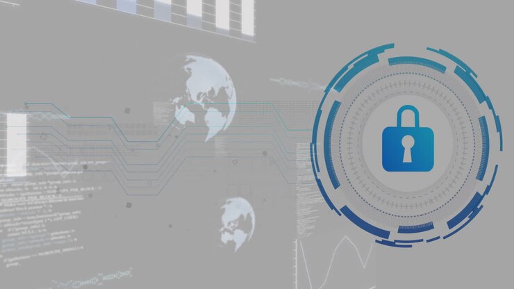 Cybersecurity lock icon animation over global data network and charts