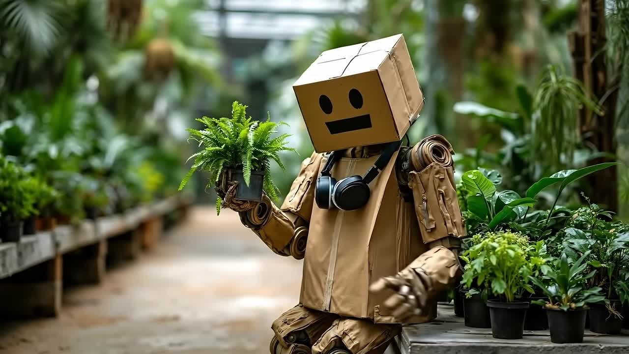 A robot holding a potted plant in a greenhouse