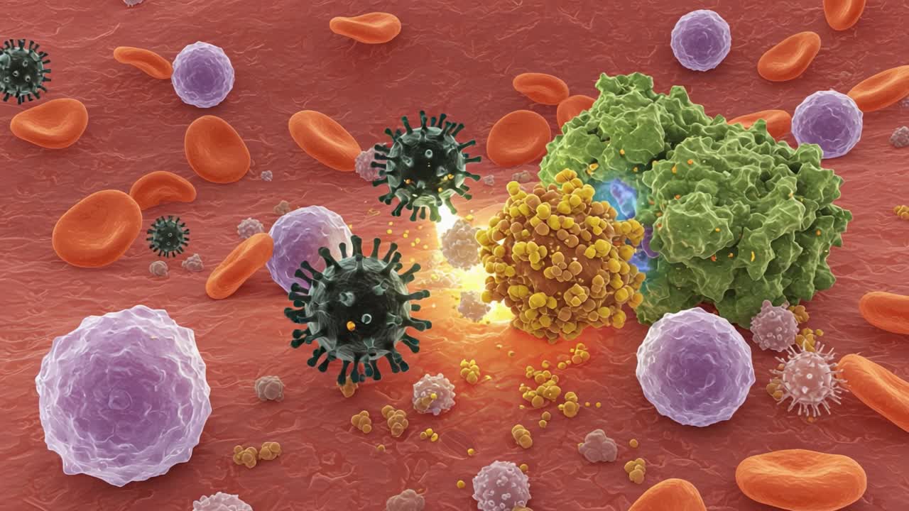 Dynamic Interaction of Immune Cells and Pathogens: A Visual Representation of Cellular Defense Mechanisms Against Viral Intruders in the Human Body