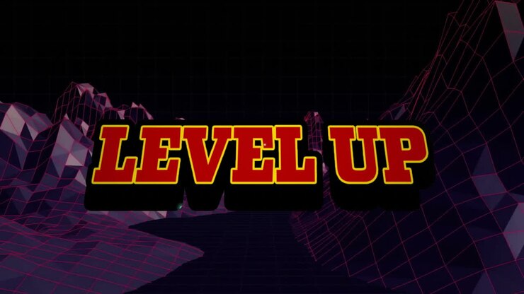 LEVEL UP 3D text being visualized in retro-futuristic scene with neon wireframe mountains and grid