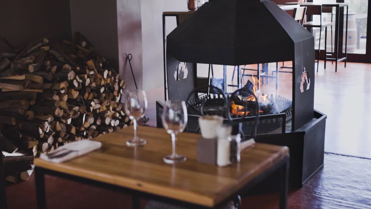 Fancy dining table next to fire place