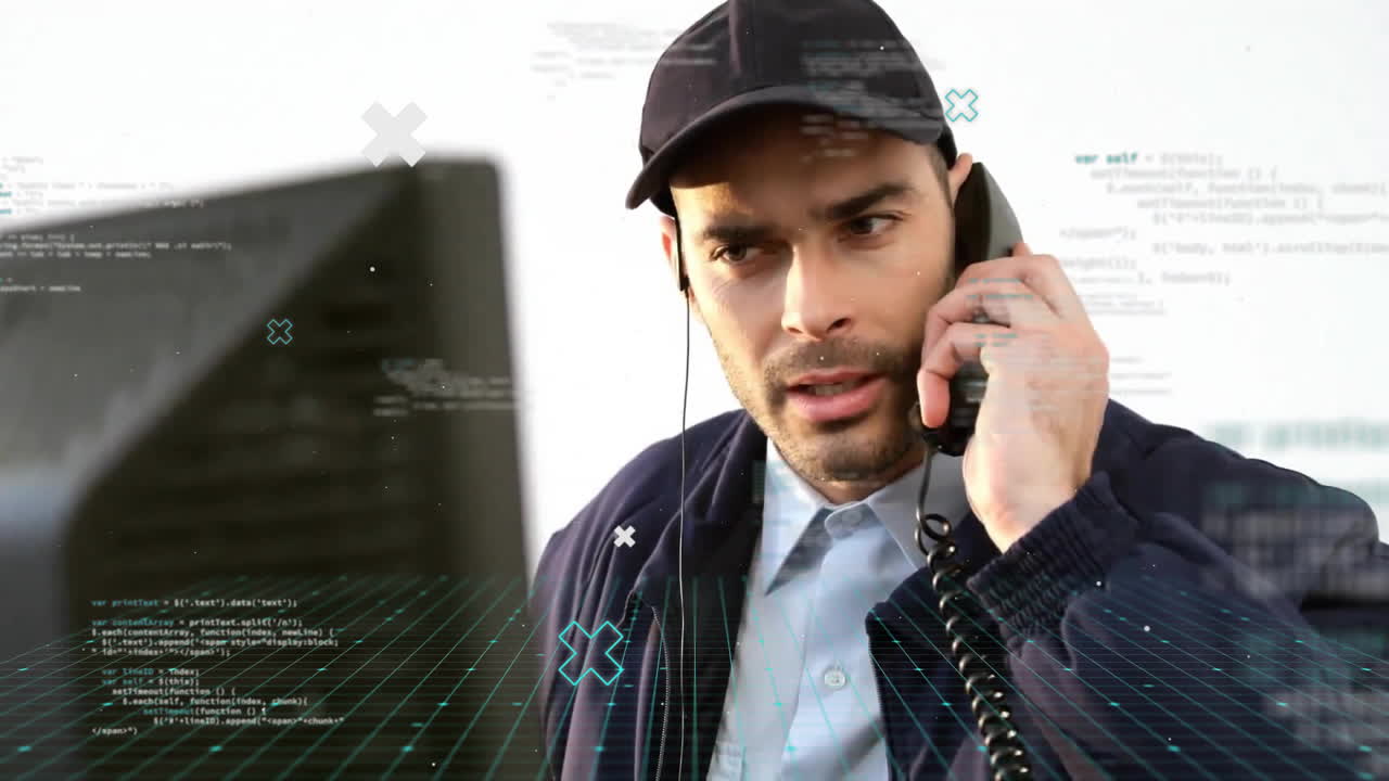 Animation of data processing over caucasian security man using phone and monitor