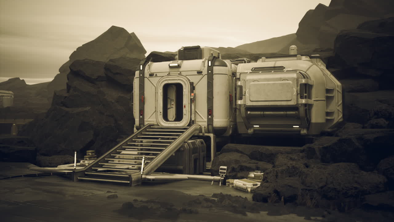 Base di coloni situata su un paesaggio roccioso di un esopianeta distante