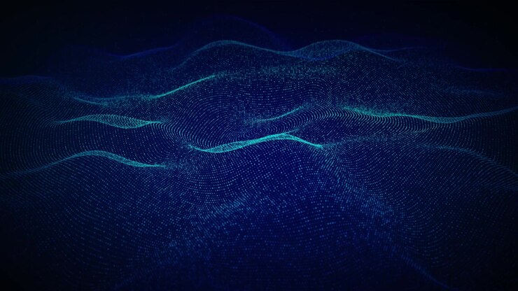 Abstract futuristic particles wave lines flow of particles stage background data visualization