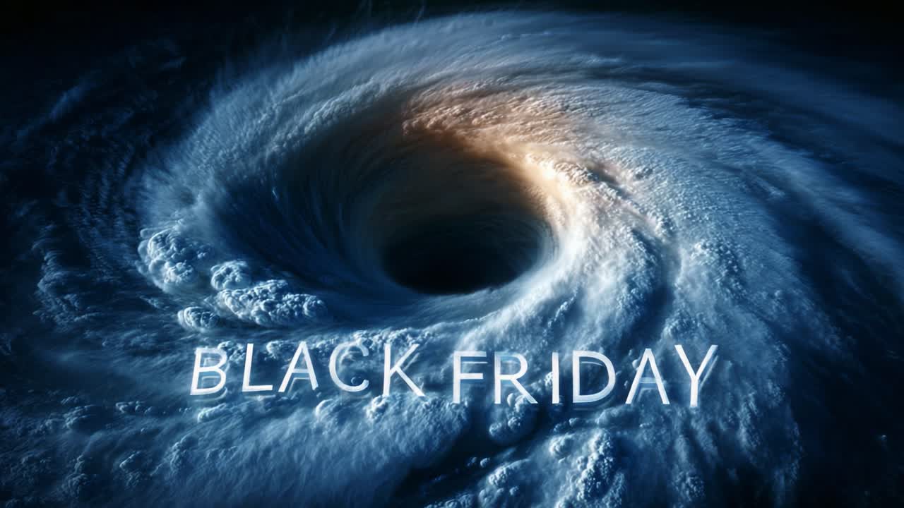A mesmerizing spiral of swirling clouds forms a powerful vortex, symbolically representing the chaotic energy of consumerism often linked to retail events like Black Friday