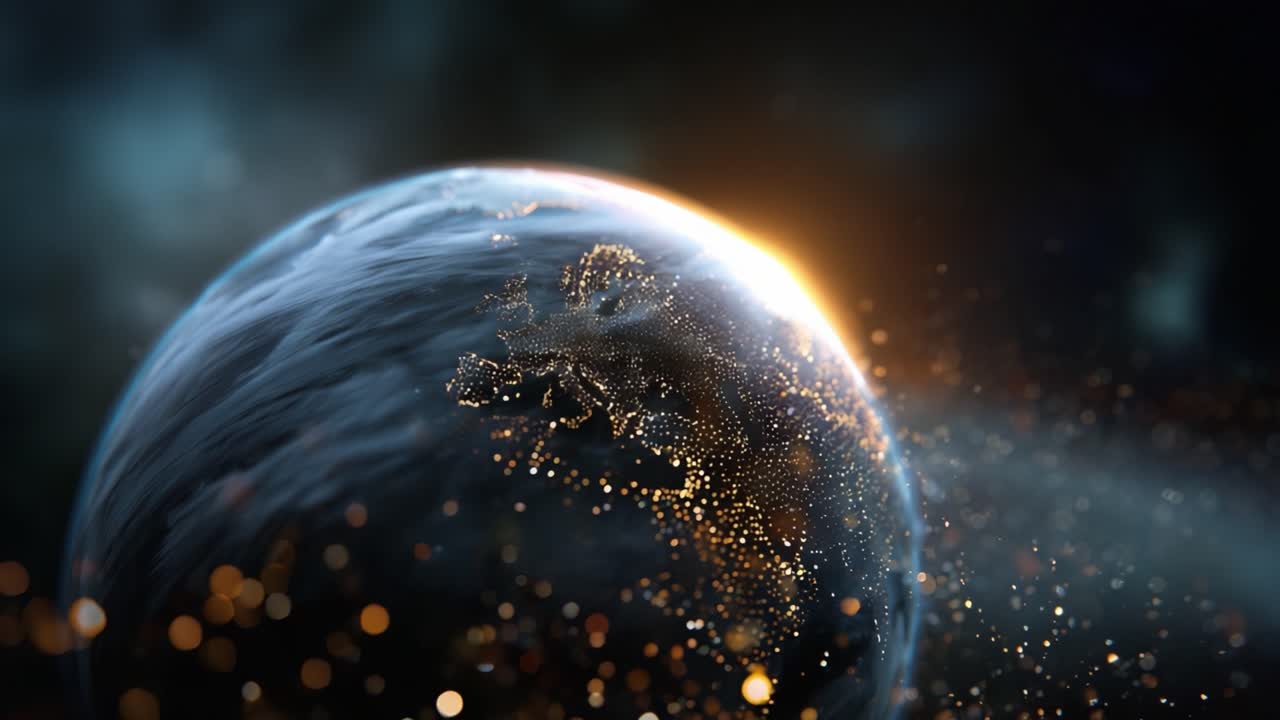 Eine atemberaubende Perspektive der Erde, die ihre dynamische Atmosphäre mit leuchtenden Partikeln hervorhebt, die die Oberfläche inmitten einer kosmischen Umgebung beleuchten