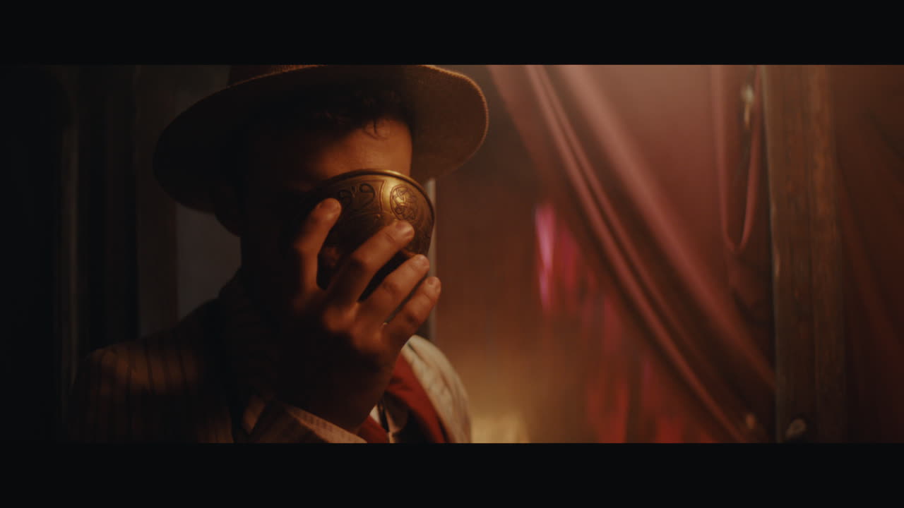 A man in hat drinks a potion inside the circus cart