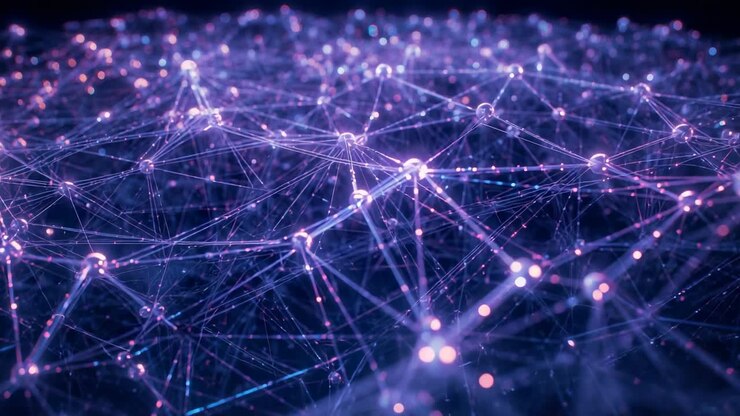 Advancing camera revealing network in dark void, nodes pulsing and clusters glowing along lines