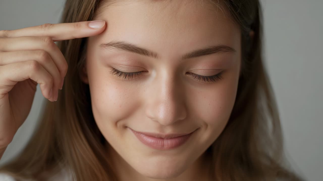 Touching face with index finger, teen opening eyes smiling posing on gray backdrop with headband