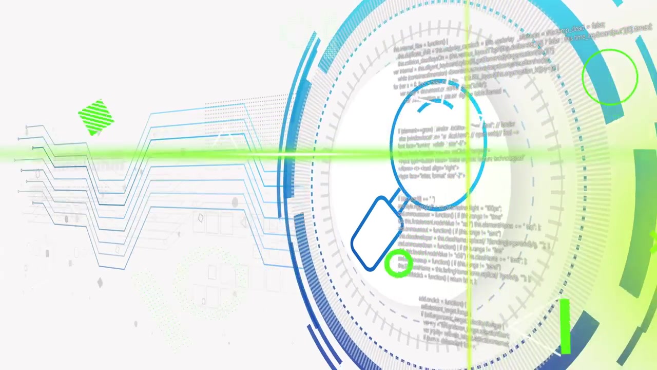 Green scanline crossing magnifier HUD rotating pulsing glitching settling revealing blurred code