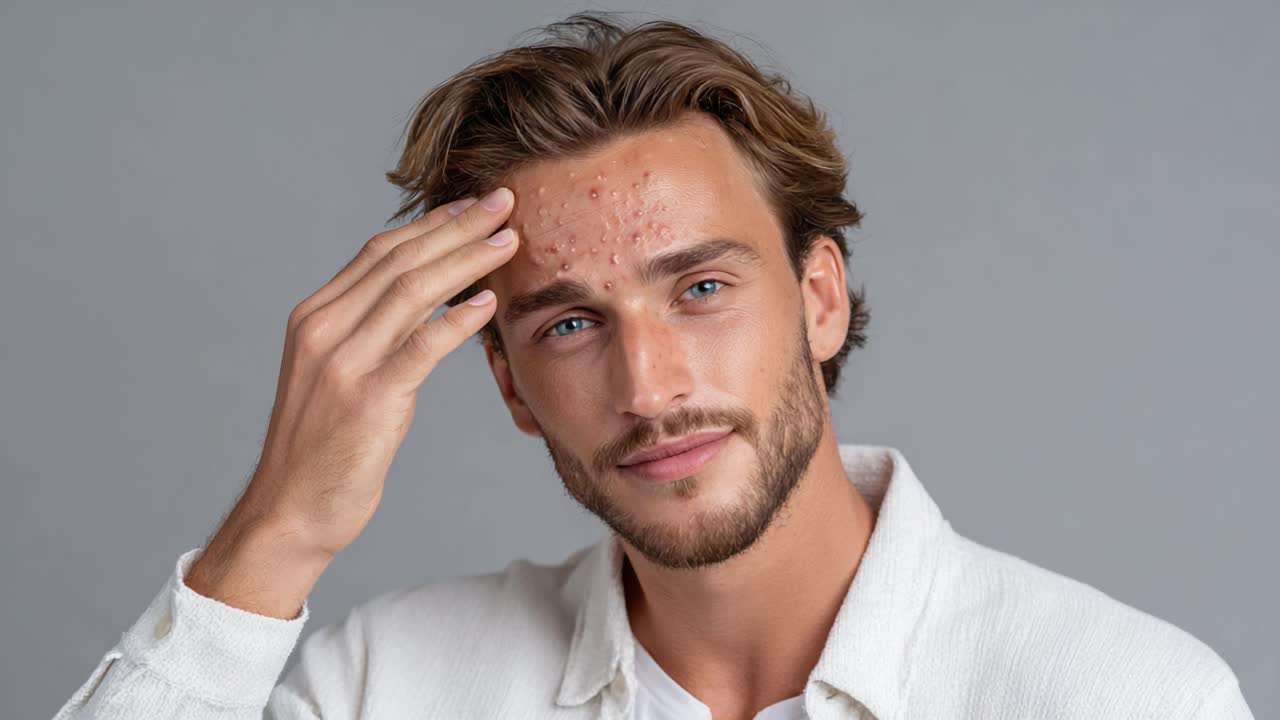 Confident Young Man Showcasing Natural Skin, Emphasizing Vibrant Smile and Groomed Hair, Captured in Studio Settings with Neutral Background for Contemporary Portraiture