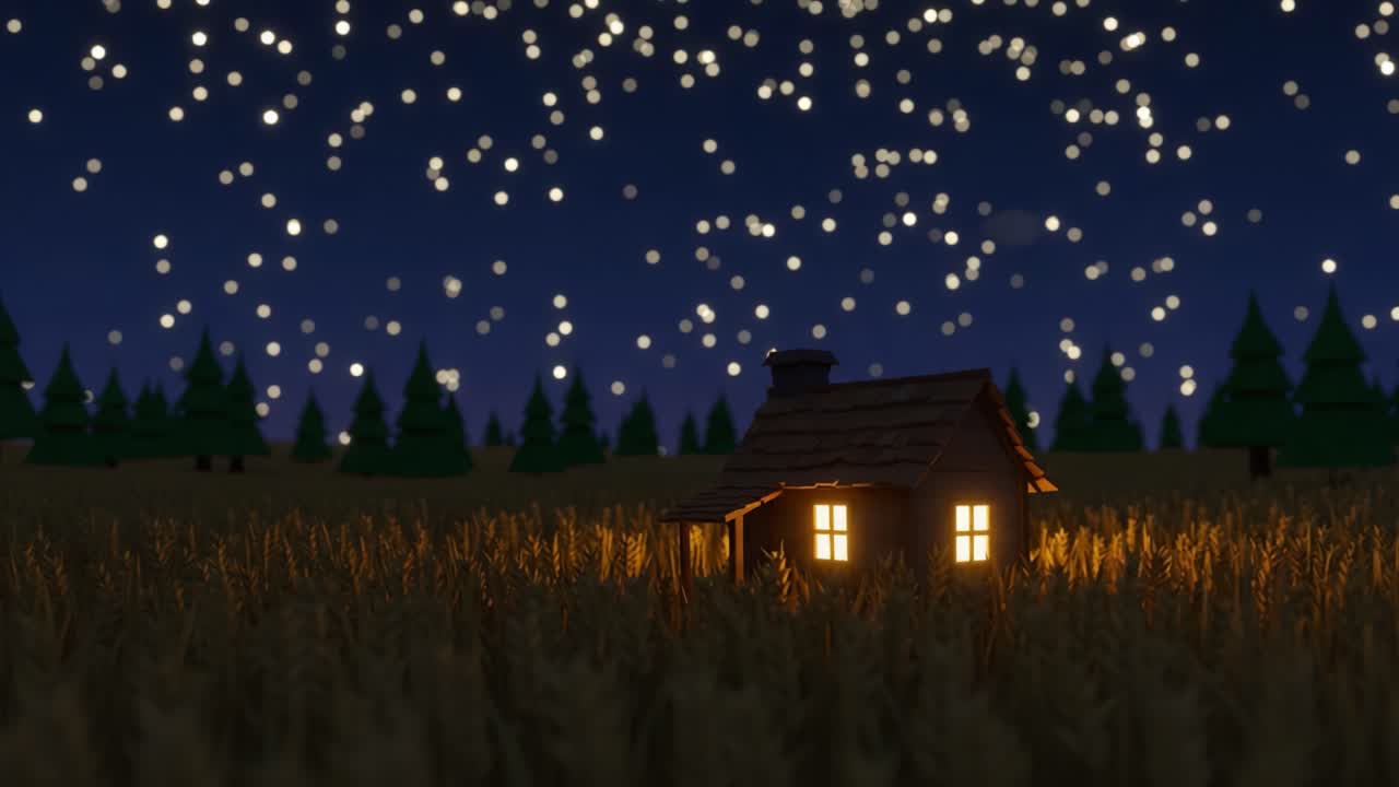 A serene night scene of a cozy illuminated house surrounded by waves of golden grass, under a starry sky with twinkling lights and lush green trees in the backdrop