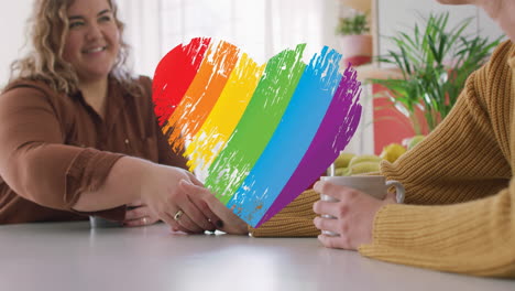 animation of rainbow heart over lesbian couple drinking coffee at home