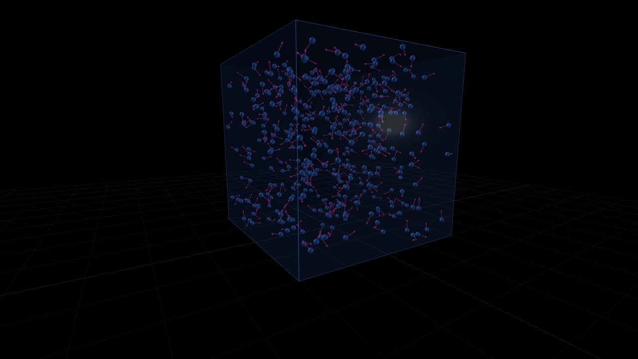 Microscopic particles move randomly within a rotating blue glass cube against a dark background
