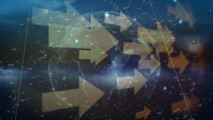 Animation of arrows, connections and globe rotating in navy space
