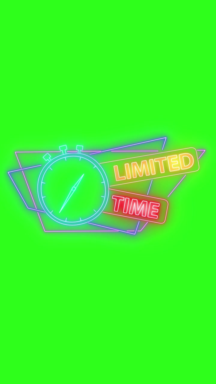 Glowing neon stopwatch and limited time text animate onto a vibrant green screen background