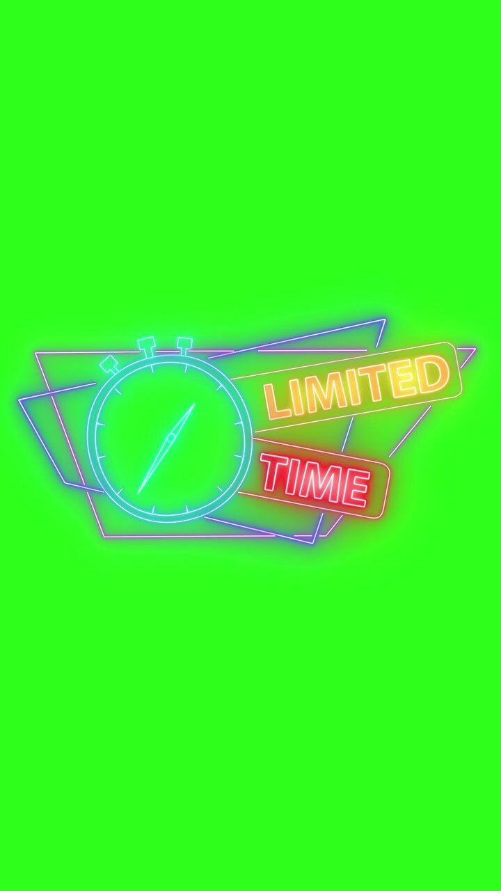 Glowing neon stopwatch and limited time text animate onto a vibrant green screen background