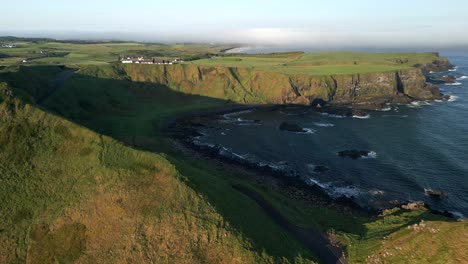 Aerial-shot-of-the-cliffs-at-Giant's-Causeway,-County-Antrim-in-Northern-Ireland