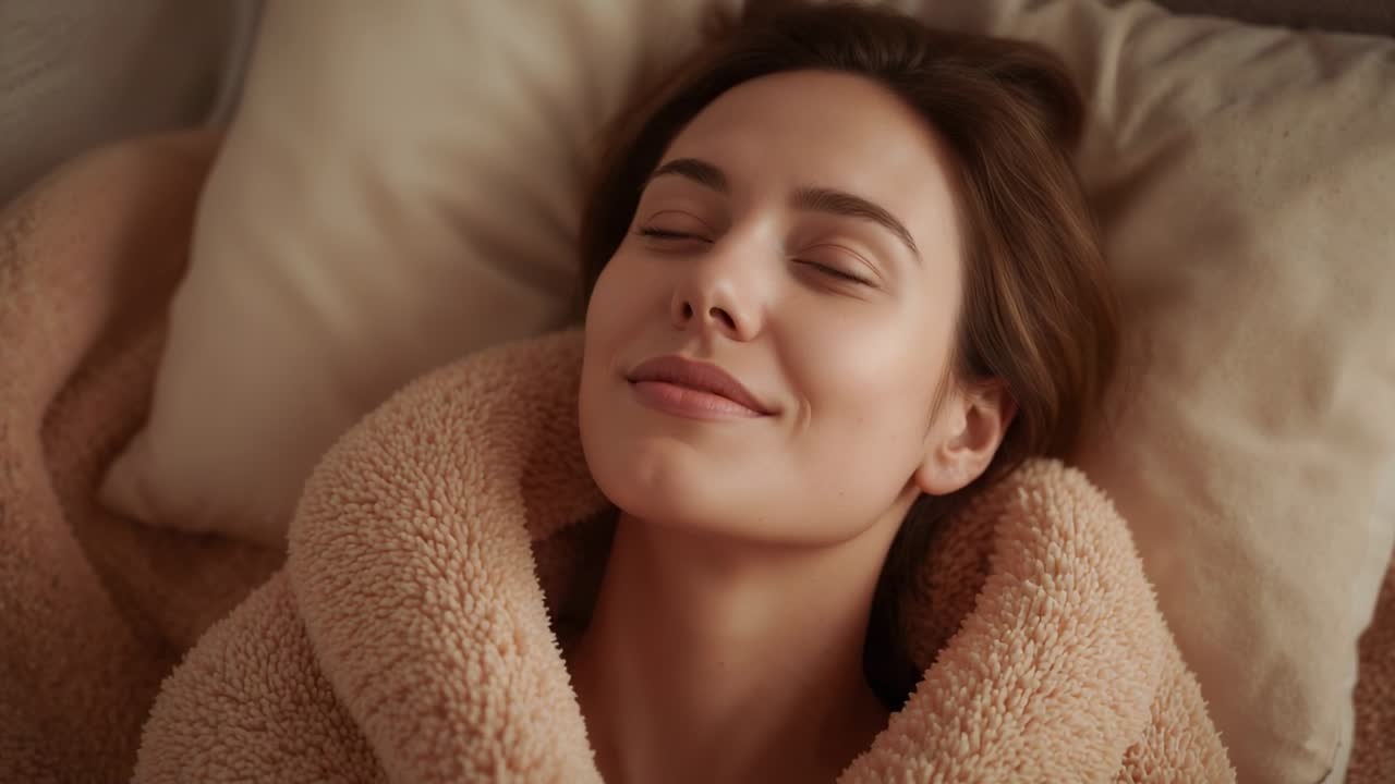 Femme adulte allongée se reposant pour se détendre, respirant doucement sur un oreiller, vêtue d'un manteau sherpa beige.