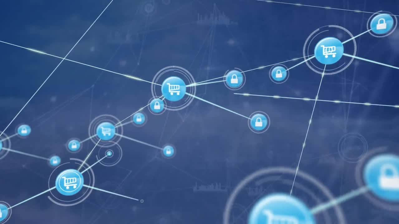animación de redes de iconos de carrito de compras y personas sobre la placa base sobre fondo de cielo azul