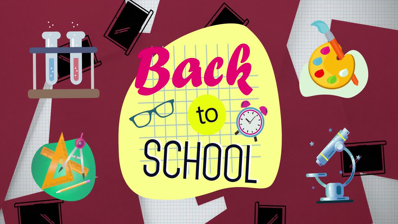 학교로 돌아가는 텍스트와 학교 아이템 아이콘의 애니메이션이  ⁇  바탕에 움직입니다.