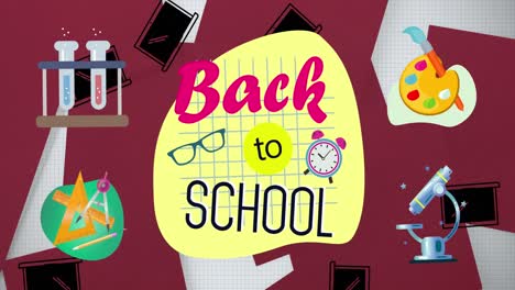 Animation-Von-„Back-To-School“-Texten-Und-Symbolen-Für-Schulgegenstände,-Die-Sich-Auf-Weißem-Hintergrund-Bewegen