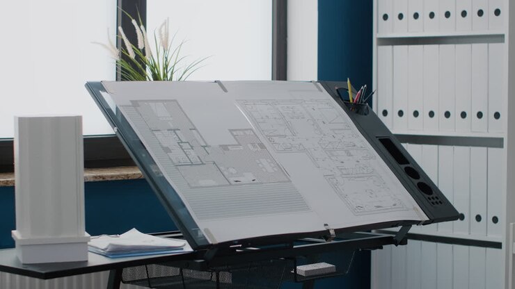 Projeto e mesa de desenho na área de trabalho
